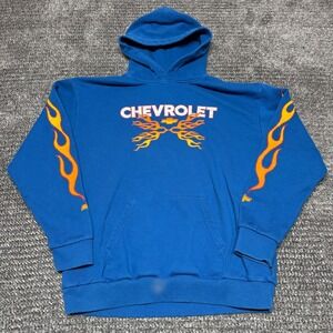 Brixton Chevrolet Mens Hoodie M Blue Flames Graphic Pullover Sweatshirt